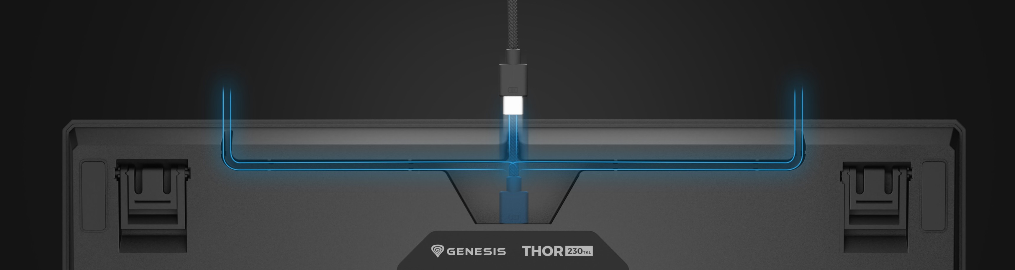 Вид сверху на механическую клавиатуру Genesis Thor 230 TKL Lite, оснащенную разъемом USB-C и настраиваемой RGB-подсветкой