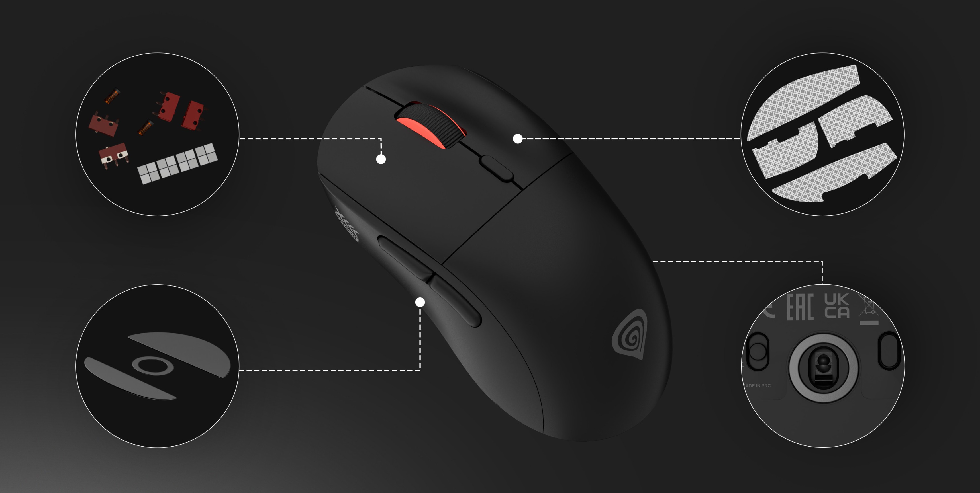 Беспроводная игровая мышь Genesis Zircon XIII в черном цвете, подчеркивающая такие особенности, как настраиваемые кнопки и высокая чувствительность DPI