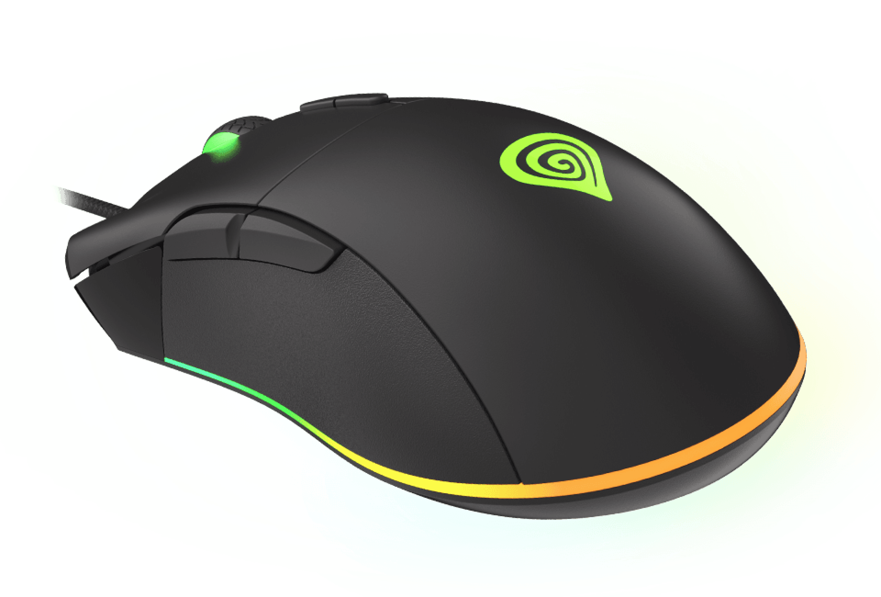 Черная игровая мышь с RGB-подсветкой, с программируемыми кнопками и DPI 6400. Зеленый логотип виден сбоку