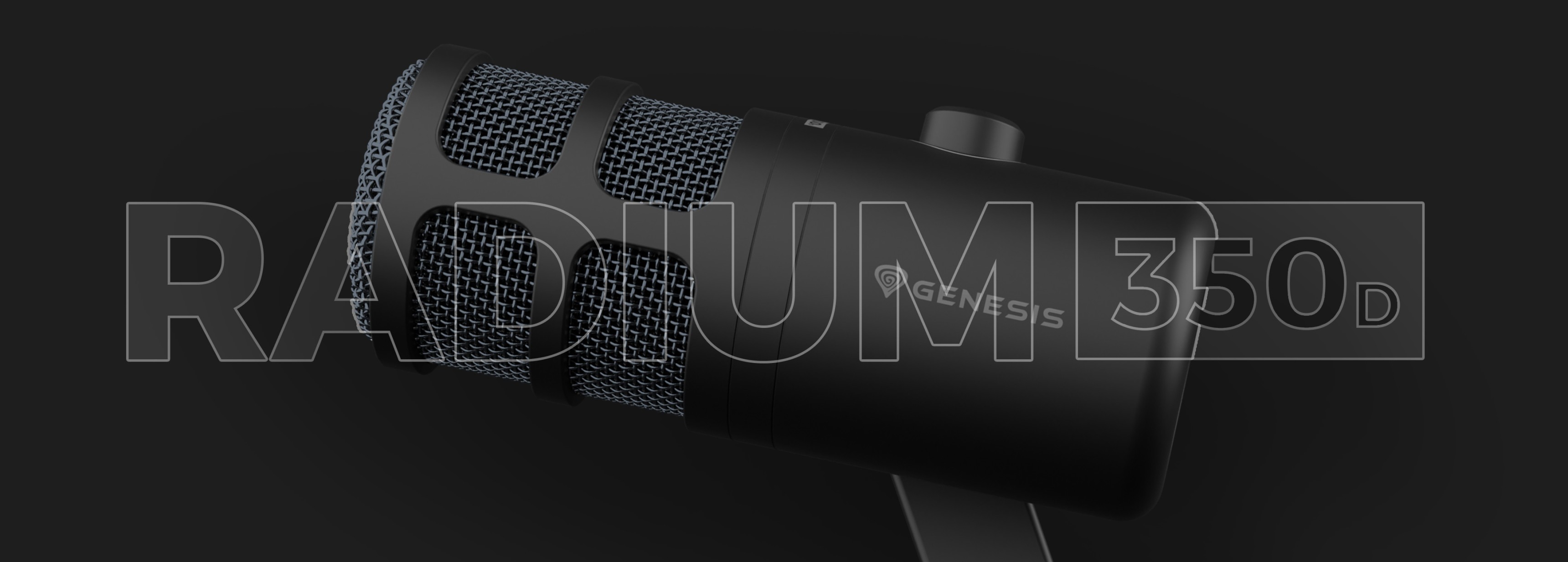 Динамический USB-микрофон Genesis Radium 350D, отличающийся элегантным черным дизайном и прочным сетчатым ветровым стеклом.