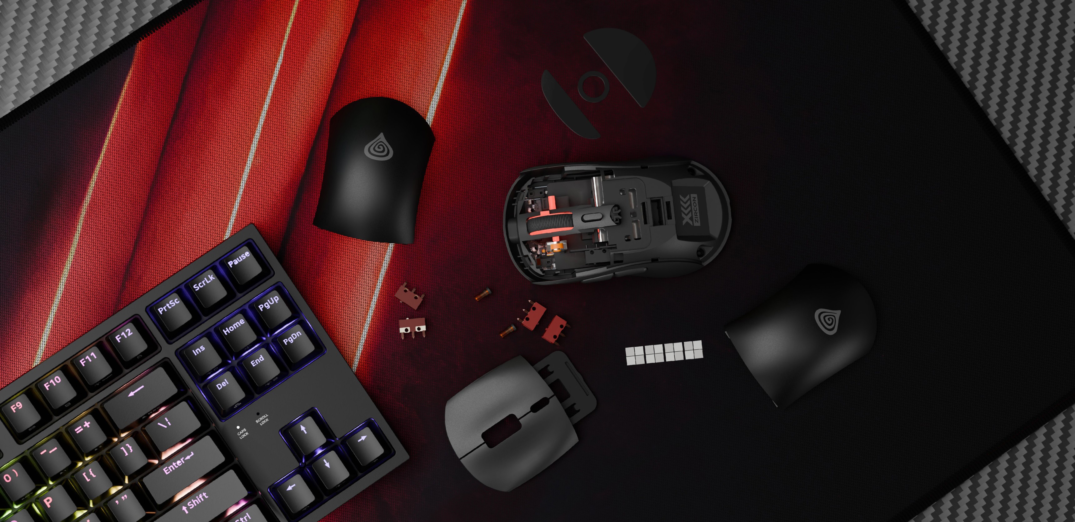 Беспроводная игровая мышь Genesis Zircon XIII в черном цвете, со съемными крышками и компонентами на текстурированном коврике вместе с клавиатурой