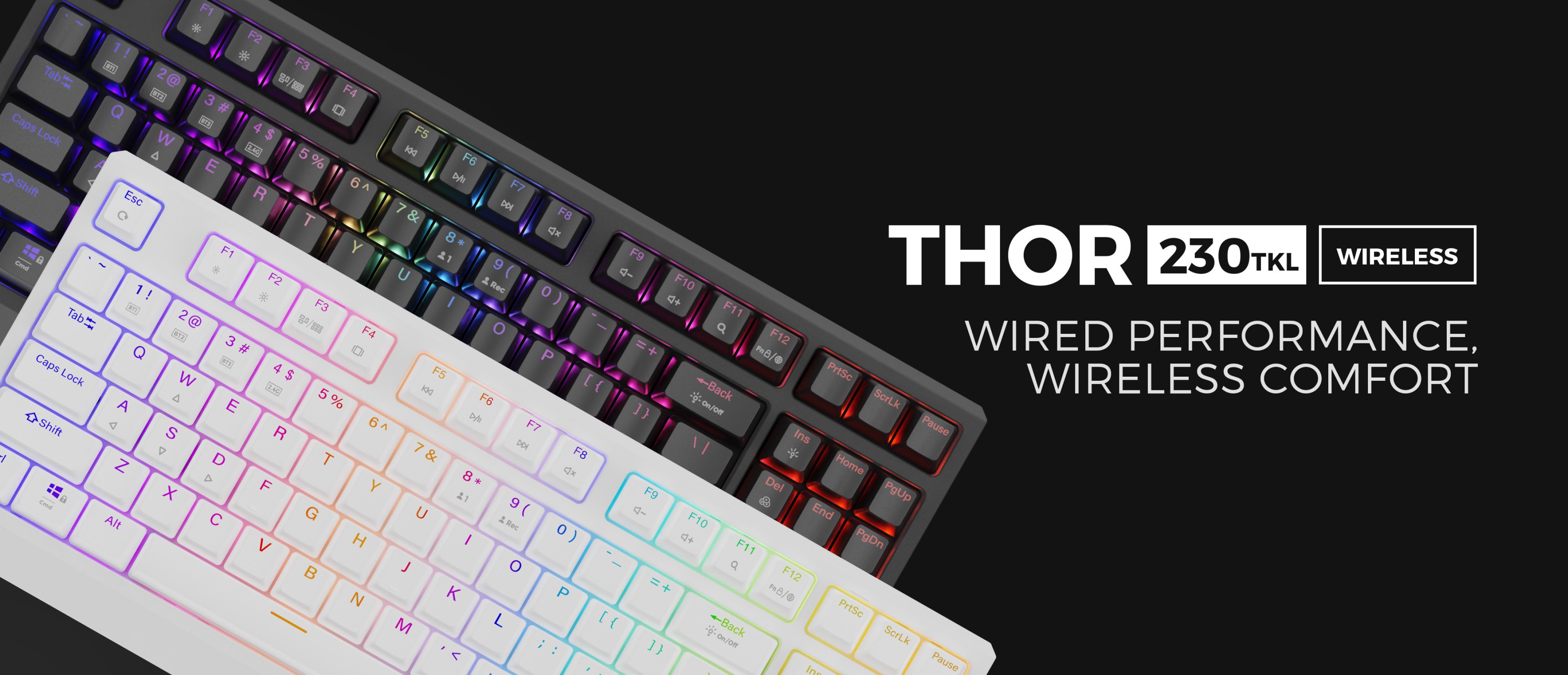 Беспроводная механическая игровая клавиатура с RGB-подсветкой, выполненная в компактном TKL-дизайне в черном и белом цветах