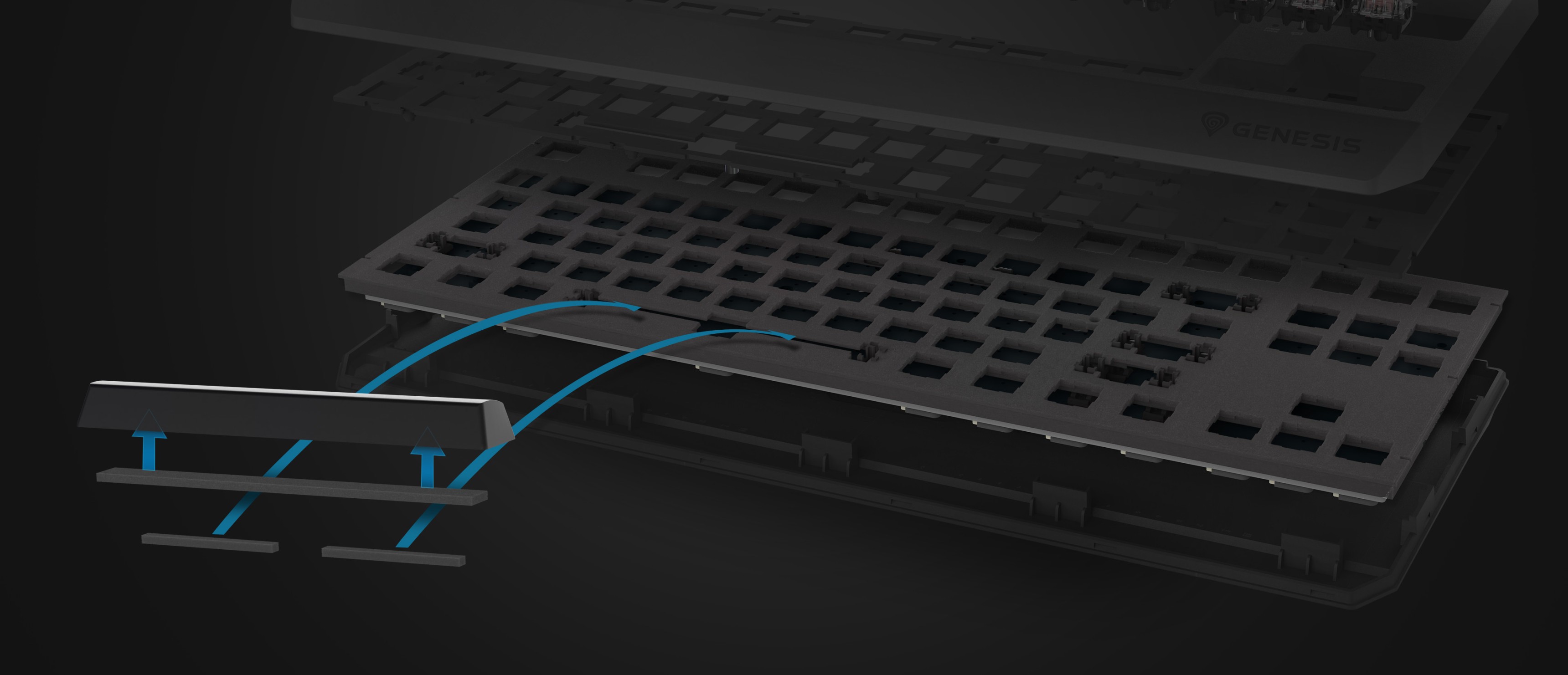 Крупный план механической клавиатуры Genesis Thor 230 TKL Lite, подчеркивающий ее переключатели с горячей заменой клавиш и черный дизайн