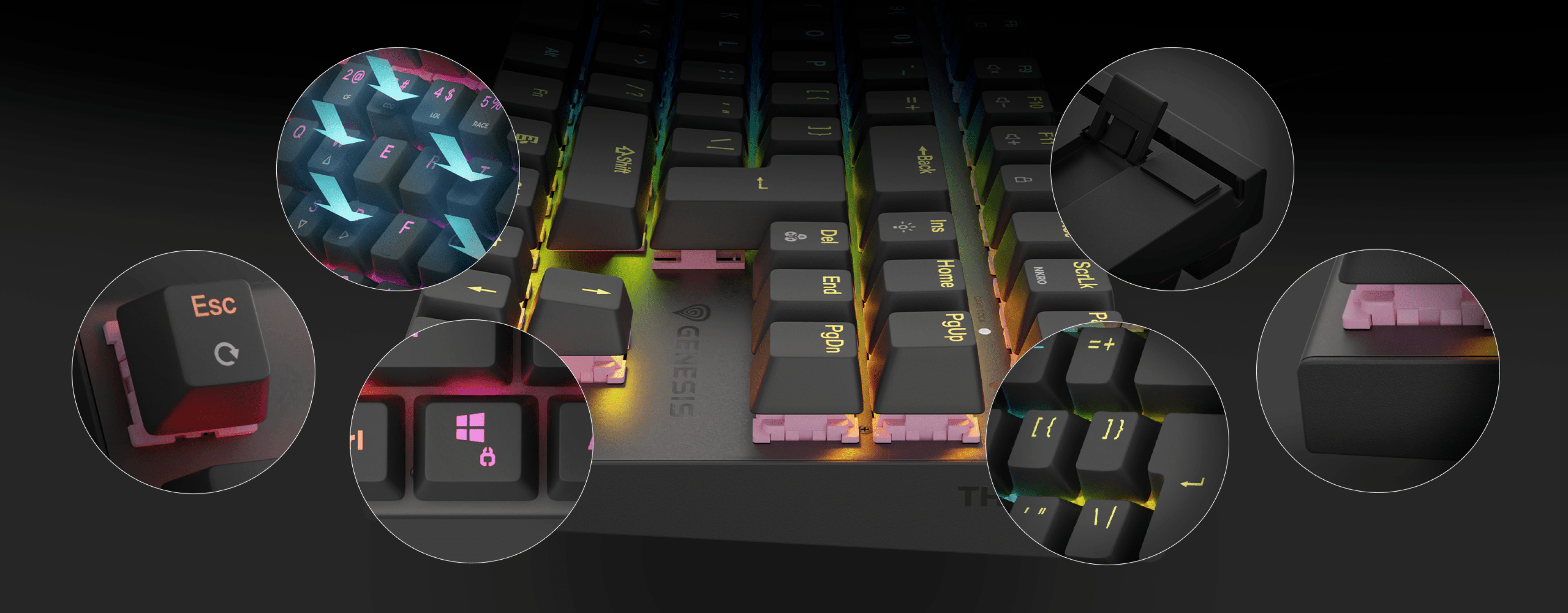 Игровая клавиатура с RGB-подсветкой, оснащенная бесшумными механическими переключателями и раскладкой TKL. Крупный план ключевых деталей включает в себя