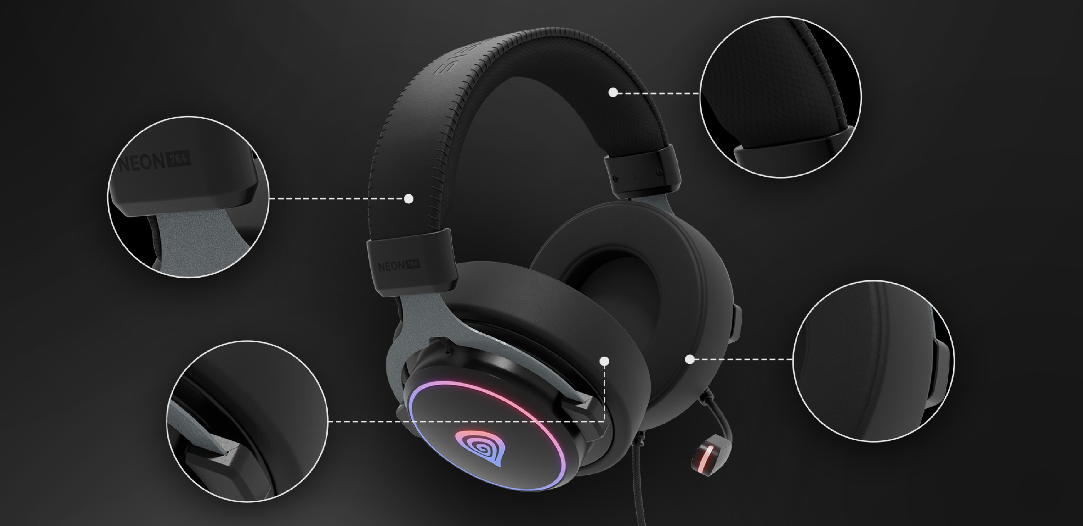 Черные проводные наушники Genesis Neon 764 RGB с регулируемыми амбушюрами, микрофоном и светящимися акцентами