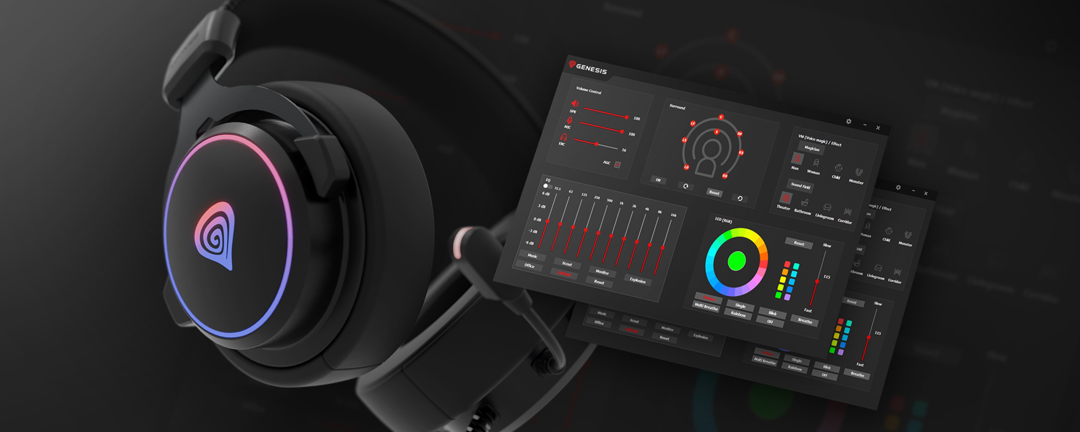 Черные накладные наушники Genesis Neon 764 RGB с микрофоном, с настраиваемой RGB-подсветкой и сопутствующим программным интерфейсом