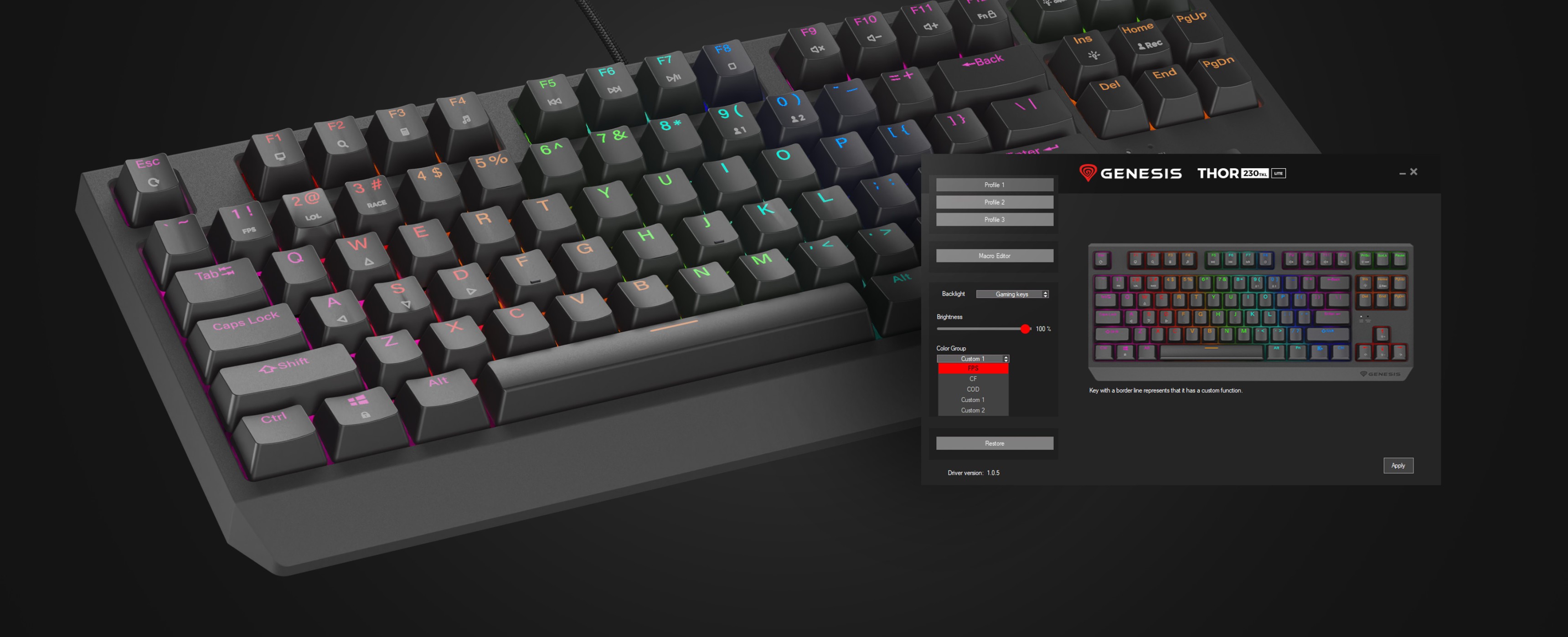Механическая игровая клавиатура Genesis Thor 230 TKL Lite с настраиваемой RGB-подсветкой и отображаемым программным интерфейсом