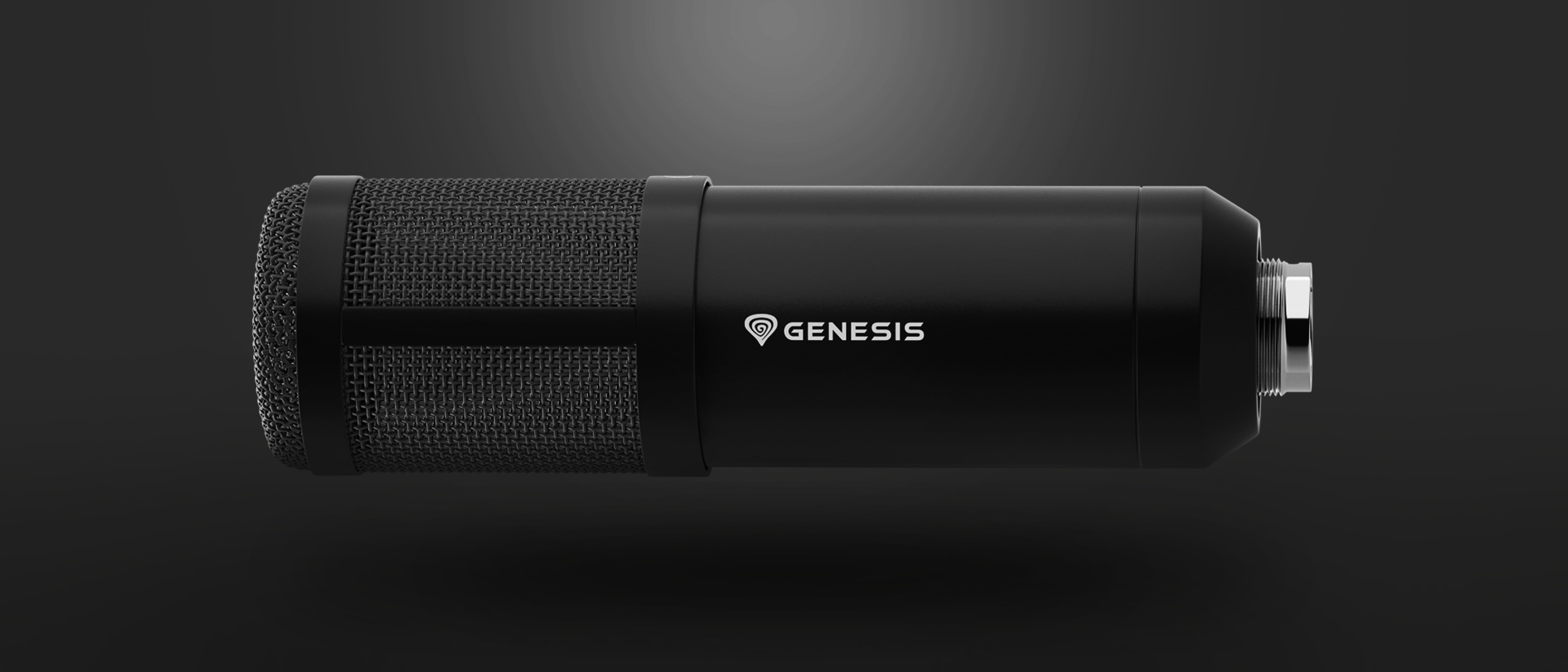 Черный студийный микрофон с сетчатой решеткой и логотипом Genesis, предназначенный для профессиональной записи звука