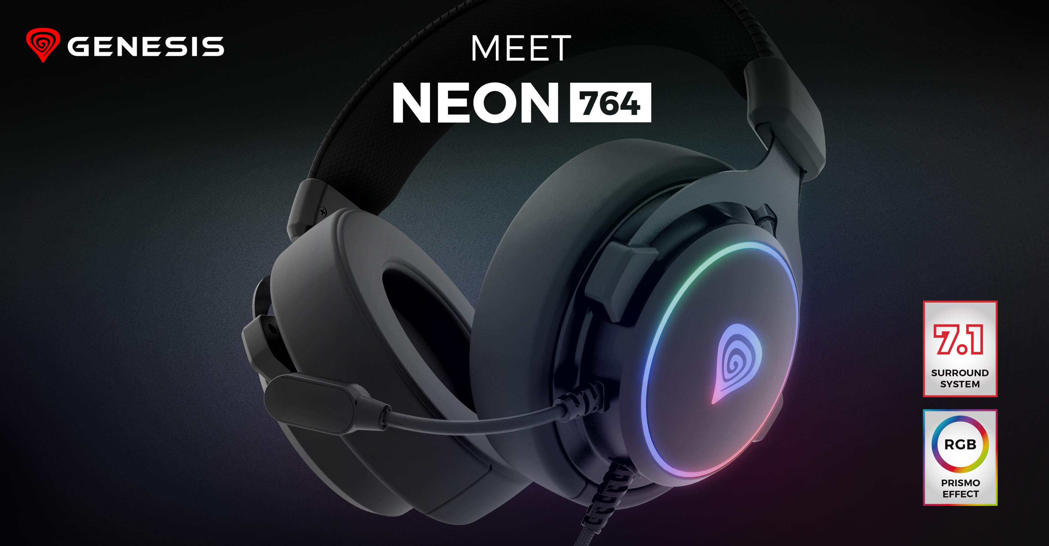 Черные наушники Genesis Neon 764 RGB с микрофоном, отличающиеся разноцветной подсветкой и стильным дизайном