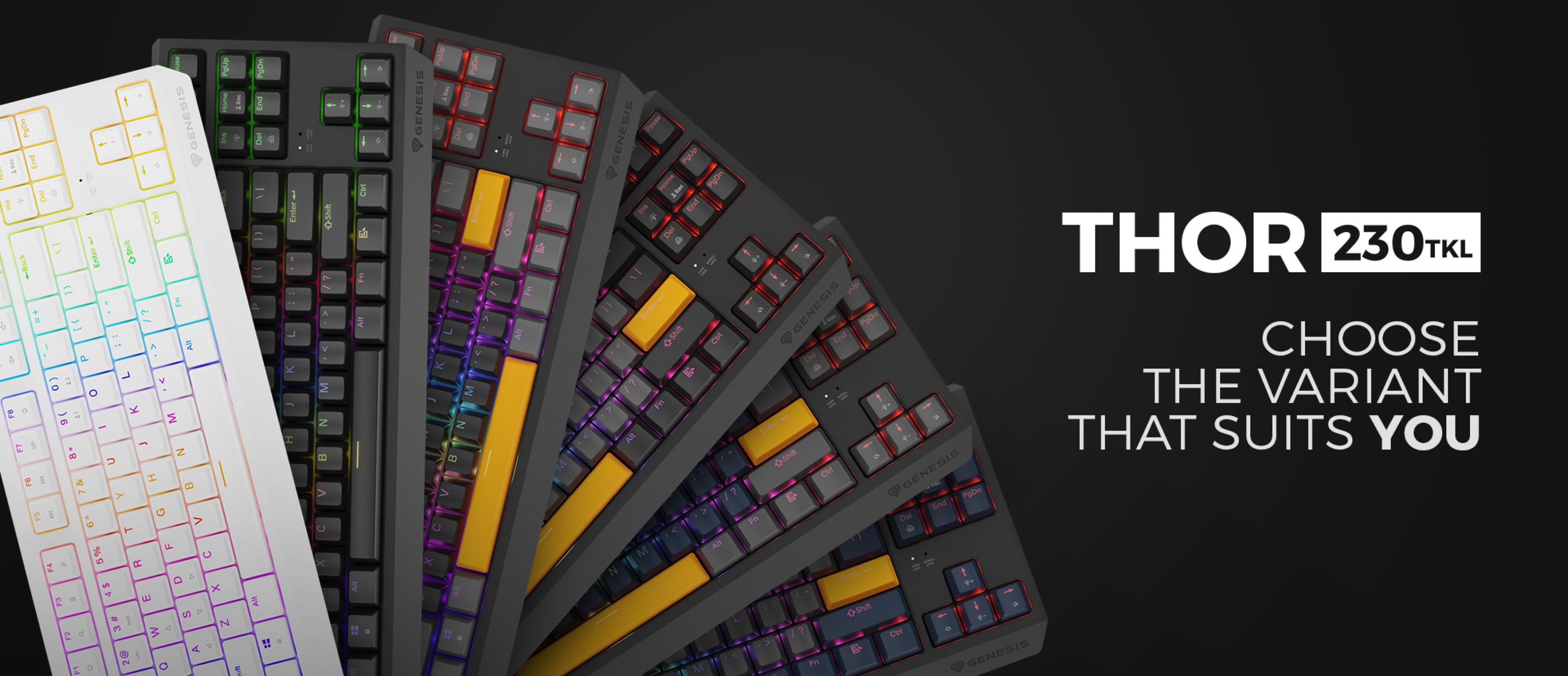 Различные модели игровой механической клавиатуры Genesis Thor 230 TKL, демонстрирующие разные цвета и типы переключателей