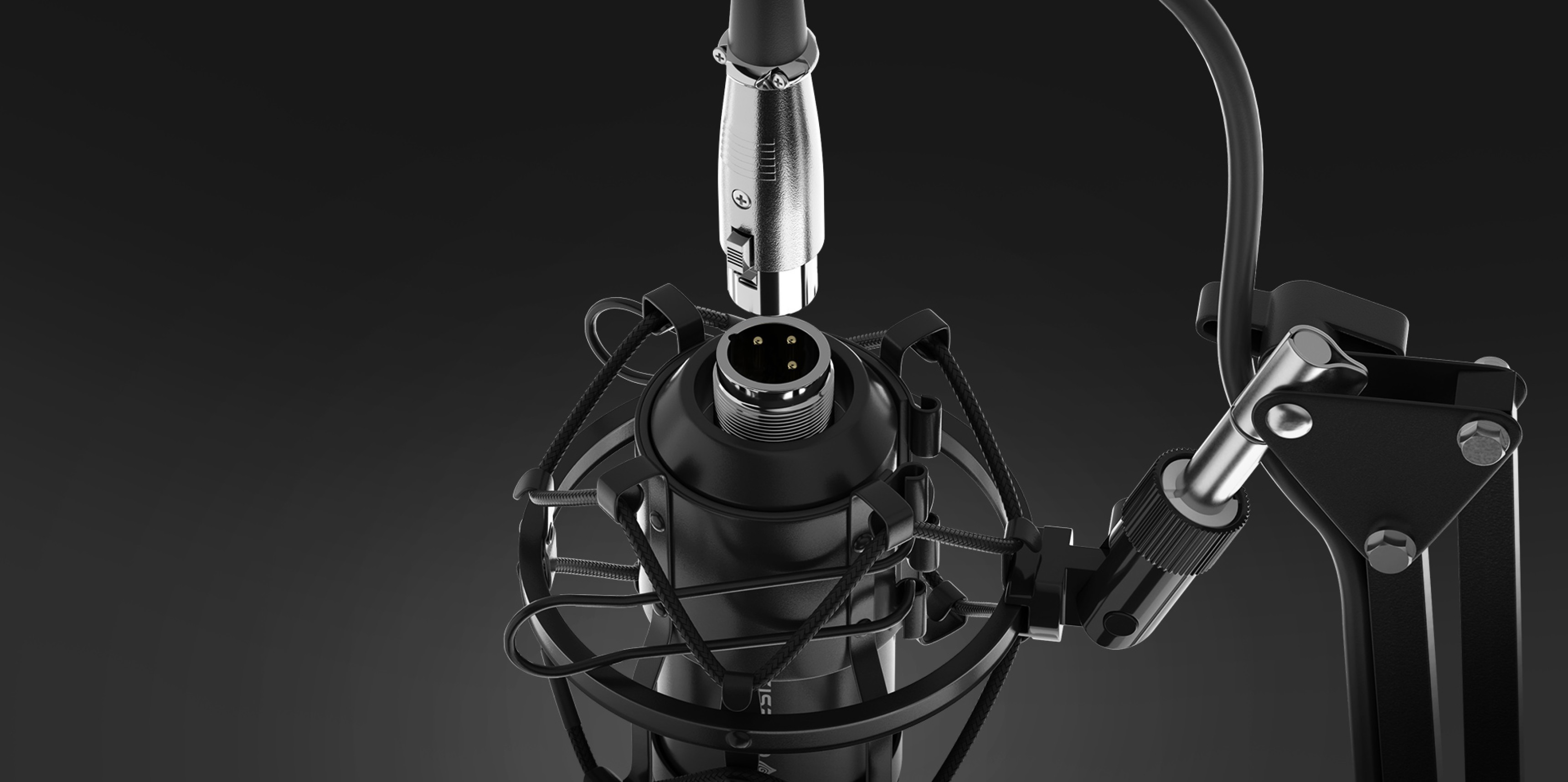 Крупный план студийного микрофона Genesis Radium 300 с разъемом XLR и поп-фильтром, закрепленного на прочном кронштейне