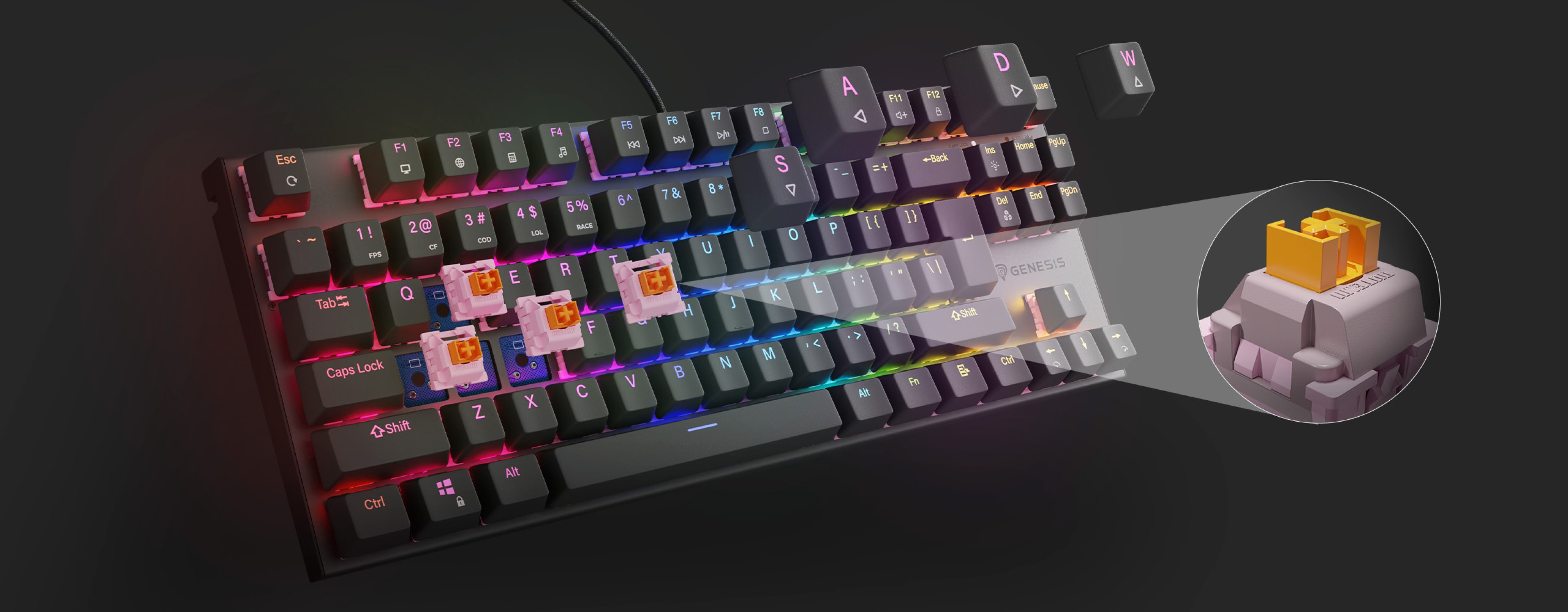 RGB механическая игровая клавиатура Genesis Thor 303 TKL, оснащенная бесшумными переключателями и подсвеченными клавишами